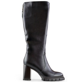 Schwarze kniehohe Stiefel mit hohen Absätzen, isolierte Damenstiefel mit Absatz, Öko-Leder