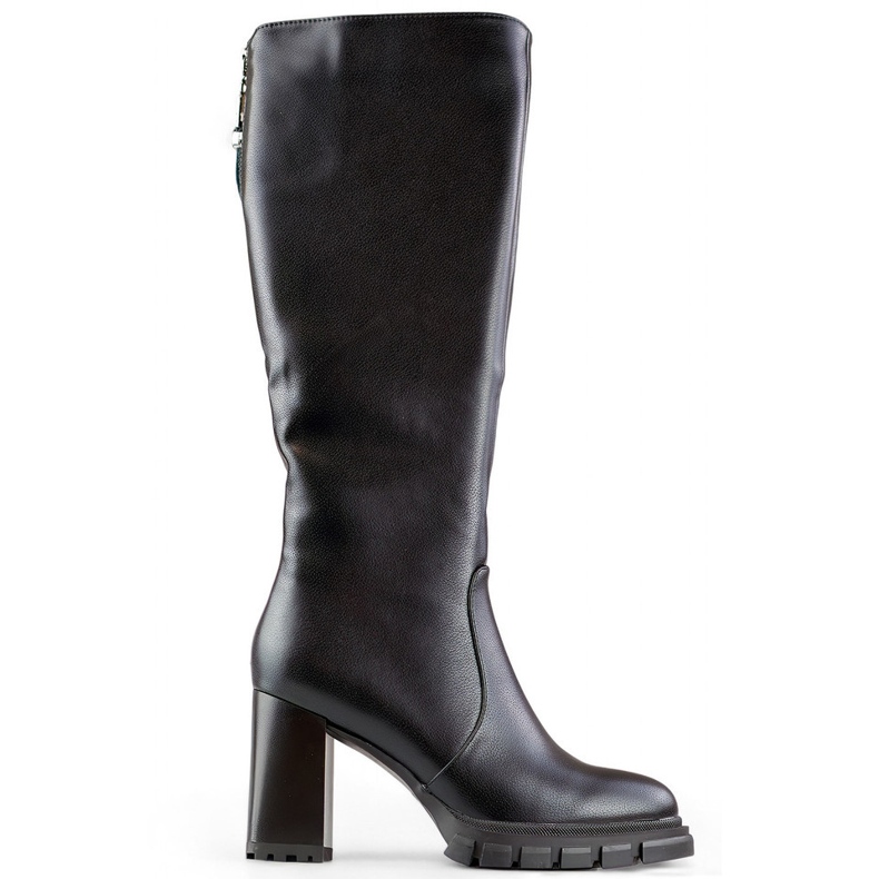 Schwarze kniehohe Stiefel mit hohen Absätzen, isolierte Damenstiefel mit Absatz, Öko-Leder