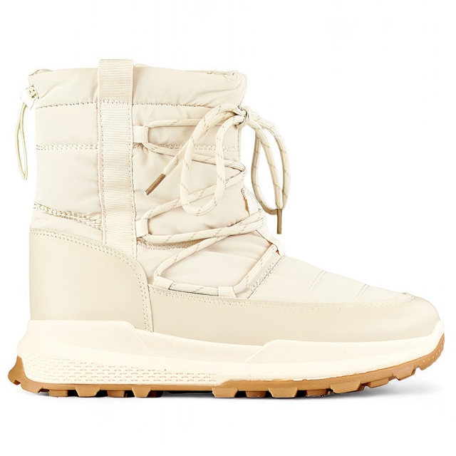 Beige Sport-Schneestiefel, isolierte Winterschuhe für Damen mit flacher Sohle