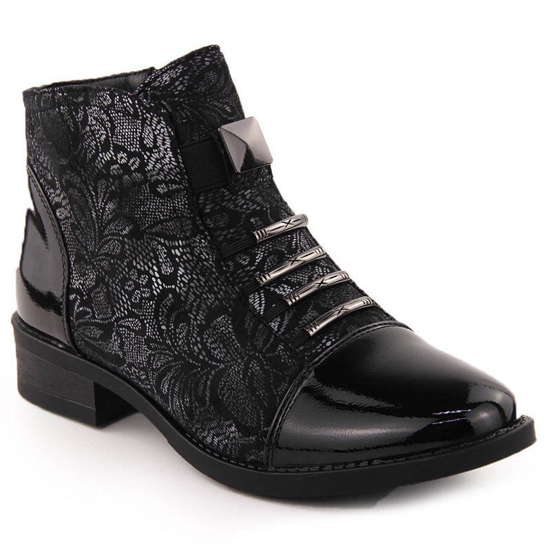 Schwarze Damenstiefeletten mit silbernem Blumenmotiv Sabatina DM24-08