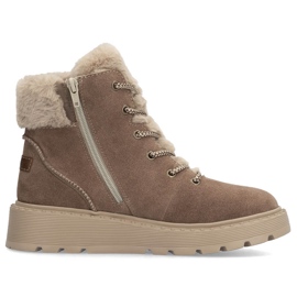 Damen-Lederstiefel mit Fell auf der braunen Plateausohle Rieker 70402-24 beige