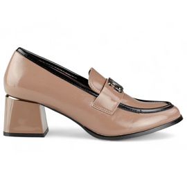 Beige Lackschuhe mit niedrigem Absatz, Damenpumps mit hohem Absatz