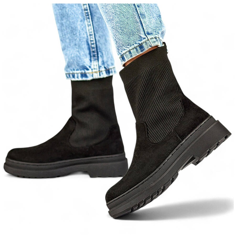 Damen-Stiefeletten aus Wildleder mit Sockenobermaterial, schwarz HB-175B