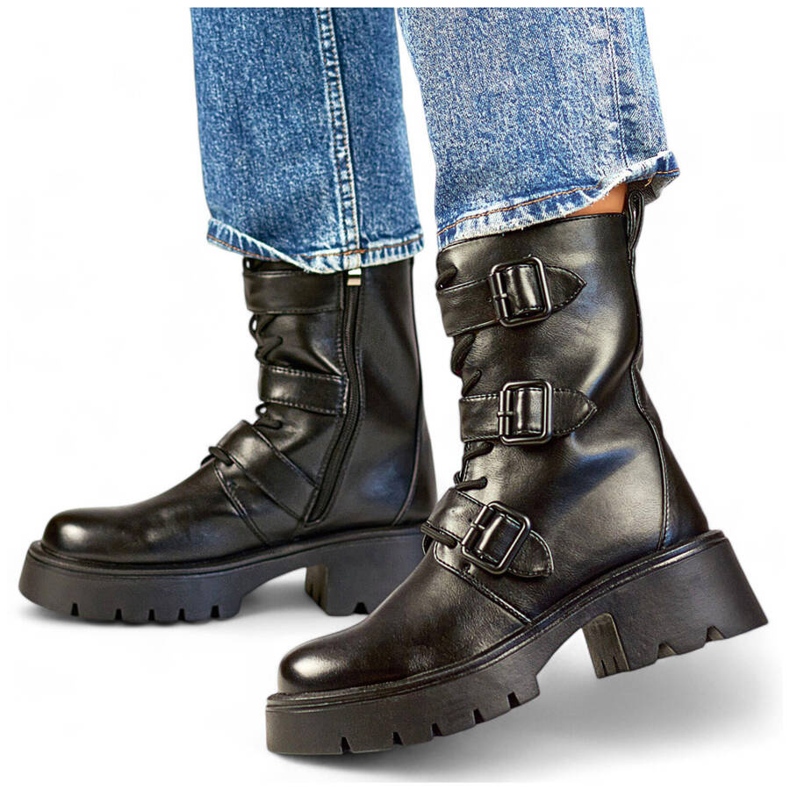 Hohe Damen-Motorradstiefel mit Schnallen, schwarz GD-FL2206B