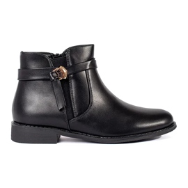 Schwarze Damenstiefeletten mit Riemchen und niedrigem Absatz