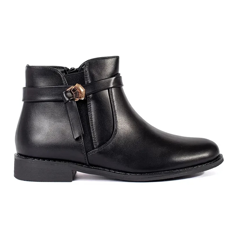 Schwarze Damenstiefeletten mit Riemchen und niedrigem Absatz