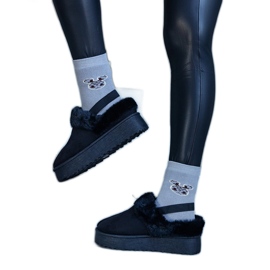 Schwarze Plateaupantoffeln mit Fellverzierung und Gummizug an der Ferse, Frank