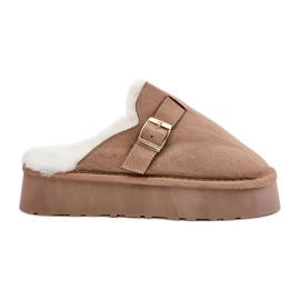 Damenhausschuhe auf dicker Sohle mit Fell und Schnalle, dunkelbeige von Linneola