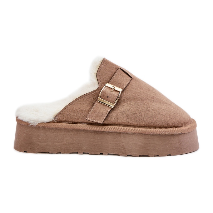 Damenhausschuhe auf dicker Sohle mit Fell und Schnalle, dunkelbeige von Linneola