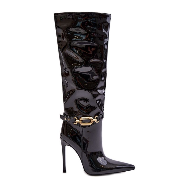 Schwarze Tistaria-Stiletto-Stiefel aus Lackleder mit Goldverzierung