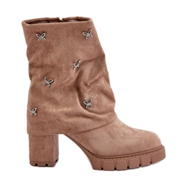 Verzierte Stiefeletten mit umgeschlagenem Schaft und hohem Absatz, Beige Esadora