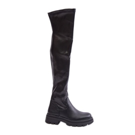 Overknee-Stiefel aus Faux-Wildleder mit flachem Absatz, Schwarz Santira
