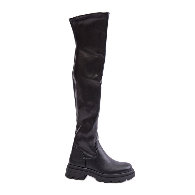 Overknee-Stiefel aus Faux-Wildleder mit flachem Absatz, Schwarz Santira