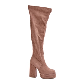 Beige Overknee-Stiefel von Nadelian mit hohem Absatz und Plateau