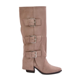 Beigefarbene High-Heel-Stiefel mit umgeschlagenem Schaft und Schnallen, Beige Vmissa