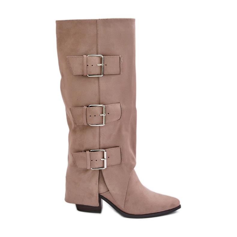 Beigefarbene High-Heel-Stiefel mit umgeschlagenem Schaft und Schnallen, Beige Vmissa