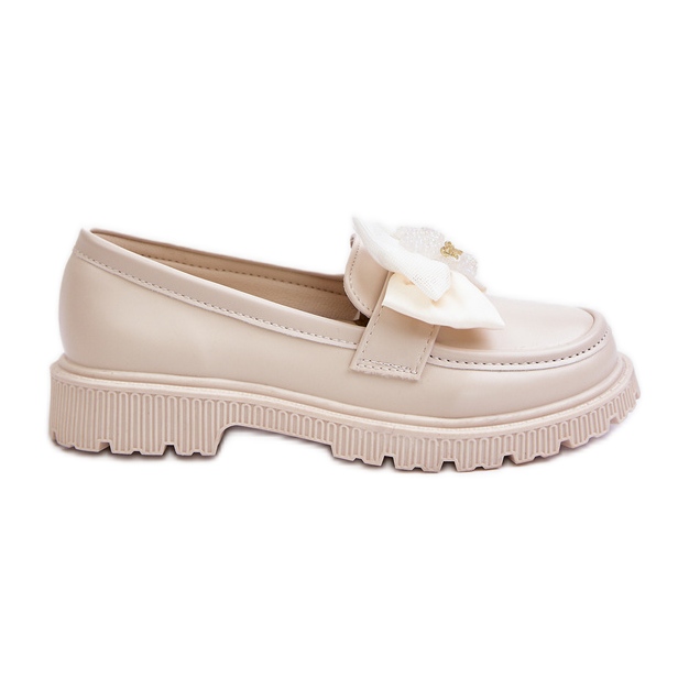 Vinceza Beigefarbene Öko-Leder-Mokassins für Mädchen mit Schleife Avallesa