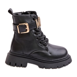 Isolierte Mädchenstiefel aus Öko-Leder mit dekorativem Riemen, Black Gilian schwarz