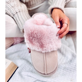 Allens Puderrosa Hausschuhe mit Fischgrätenmuster und Fell