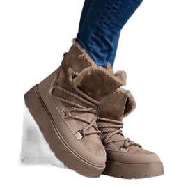 Dunkelbeige Plateau-Schneestiefel für Damen mit Fellfutter