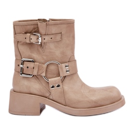 Leder-Damenstiefel mit niedrigem Blockabsatz und Riemen Zazoo 3644 Beige