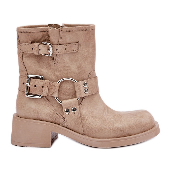 Leder-Damenstiefel mit niedrigem Blockabsatz und Riemen Zazoo 3644 Beige