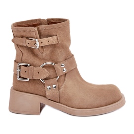 Wildleder-Damenstiefel mit niedrigem Blockabsatz und Riemen Zazoo 3644 Beige
