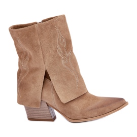 Wildleder-Cowboystiefel mit hohem Absatz und hochgeschlagenem Obermaterial Zazoo 3488 Beige