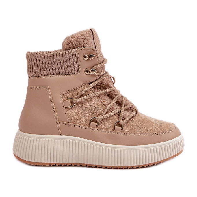 Braune Schneestiefel mit niedriger Plateausohle beige