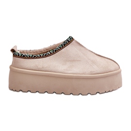 Damen-Plateauhausschuhe mit Stickerei, Hellbeige