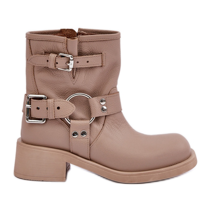 Leder-Damenstiefel mit niedrigem Blockabsatz und Riemen Zazoo 3644 Beige