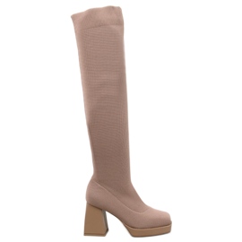 Beige-khakifarbene Sock-Boots mit hohem Absatz