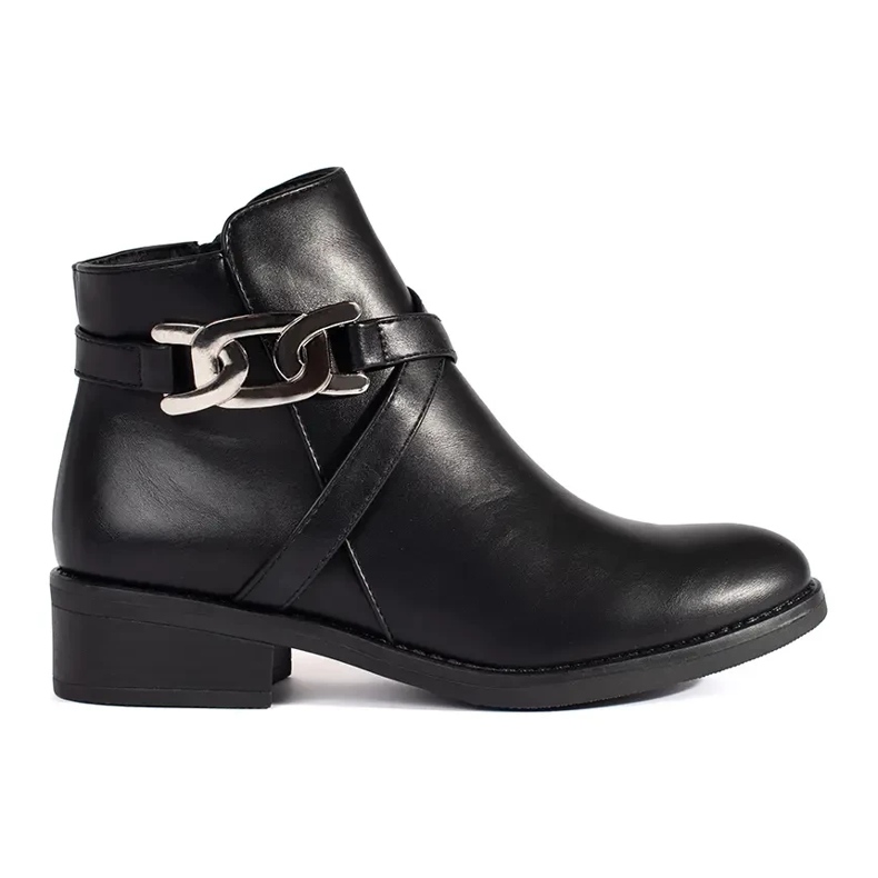 Schwarze Chelsea-Stiefel mit flachem Absatz und dekorativem Riemen