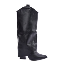 Schlupfstiefel mit hochgeschlagenem Schaft am Absatz, schwarz