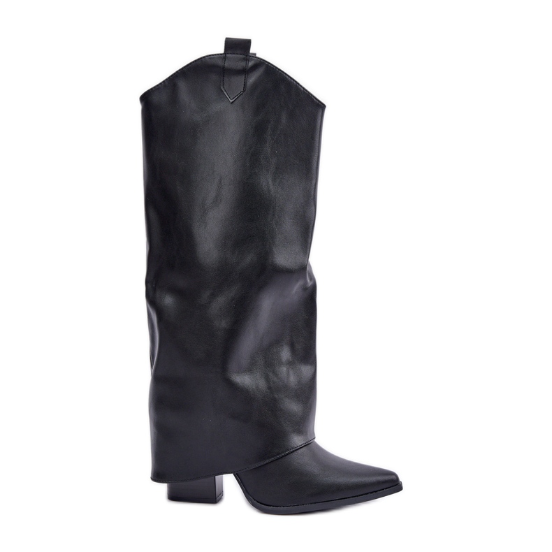 Schlupfstiefel mit hochgeschlagenem Schaft am Absatz, schwarz