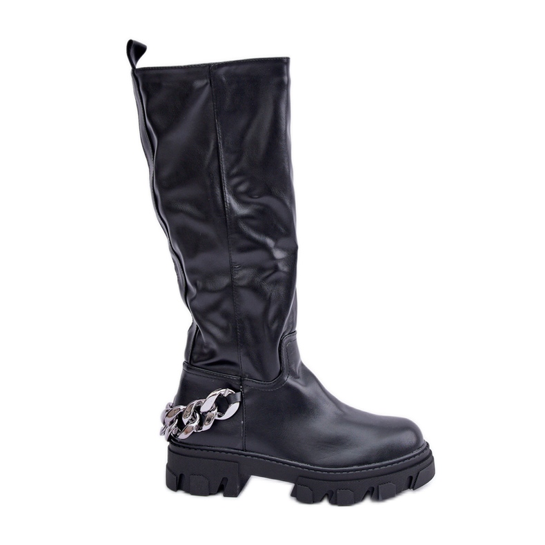 Flache Stiefel mit Kette Schwarz