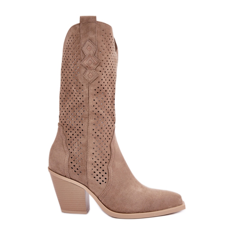 Durchbrochene Cowboystiefel mit hohem Absatz, dunkelbeige