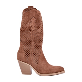 Braune, durchbrochene Cowboystiefel mit hohem Absatz