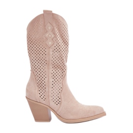 Durchbrochene Cowboystiefel mit hohem Absatz, hellbeige