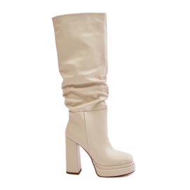 Beigefarbene Damenstiefel aus Öko-Leder mit hohen Absätzen