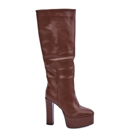 Braune Öko-Lederstiefel mit hohem Absatz und Plateau