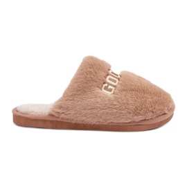 Damenhausschuhe mit Fell und Aufschrift beige