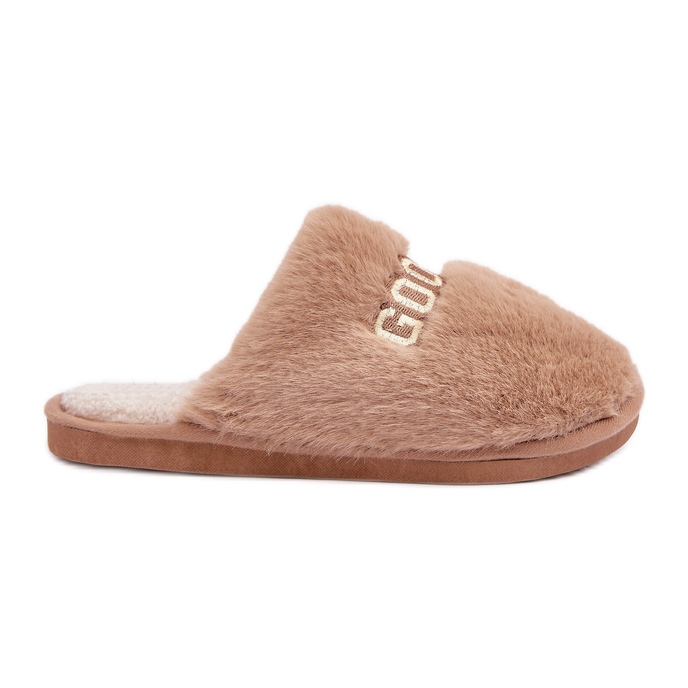 Damenhausschuhe mit Fell und Aufschrift beige