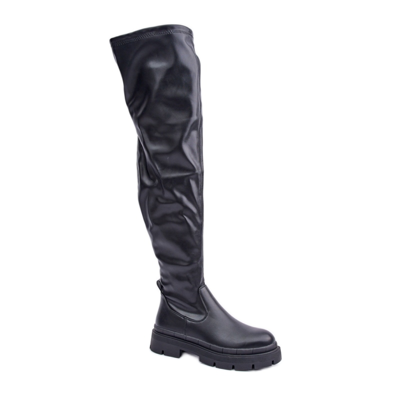 Damen-Overknee-Stiefel auf Plateau, schwarz