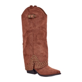 Braune Damenstiefel mit dekorativem Obermaterial