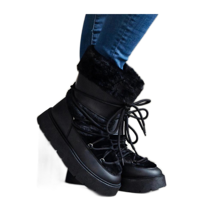 Schwarze, isolierte Schnür-Schneestiefel mit Fellverzierung