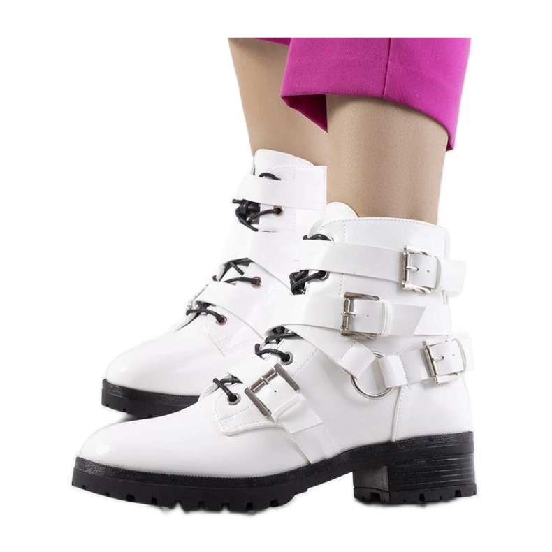 Damenstiefeletten mit Reißverschluss und Schnallen, weiß