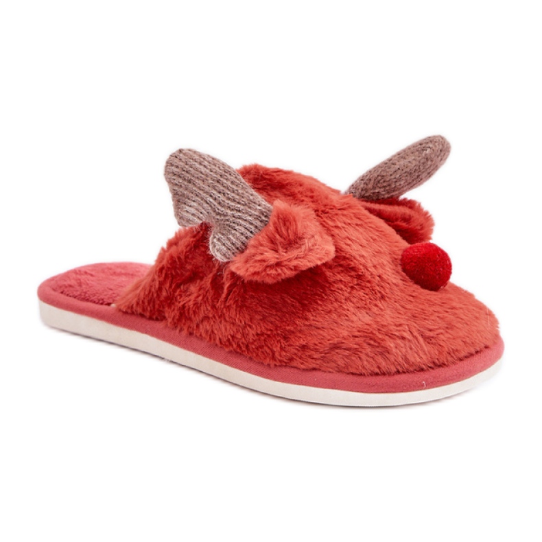 Damenhausschuhe mit korallenrotem Rentiermotiv
