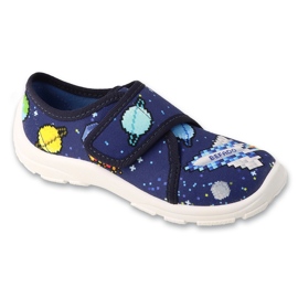 Befado marineblaue Kinderhausschuhe mit Klettverschluss 974X578 mit Verzierungen