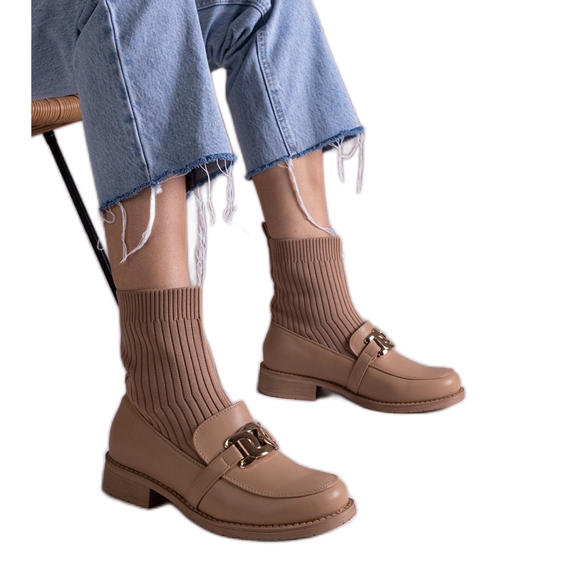 Dunkelbeige Stiefeletten mit Stoffobermaterial